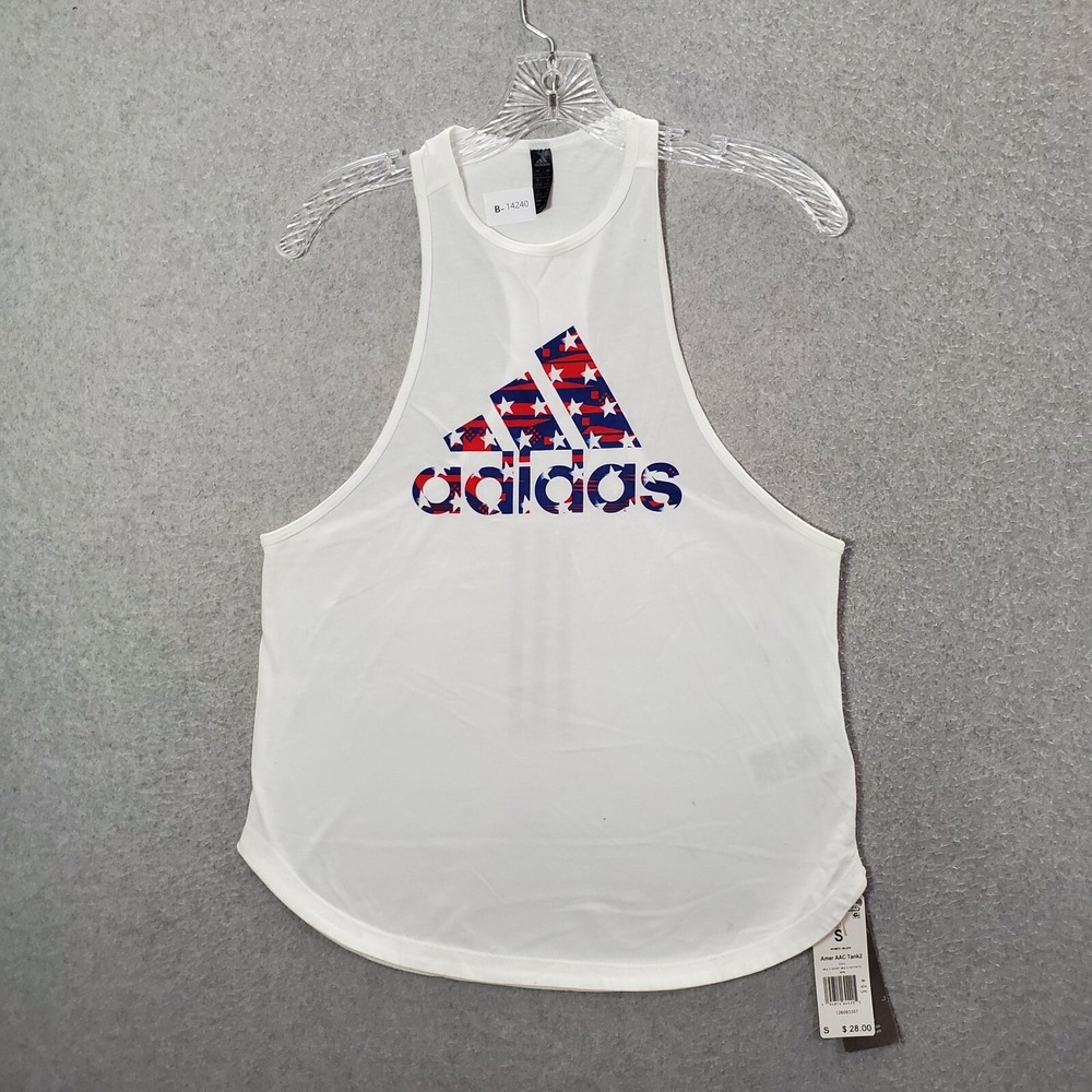 Adidas Women Top Small White Tank USA American Flag Crew Neck‎ Sleeveless NWT